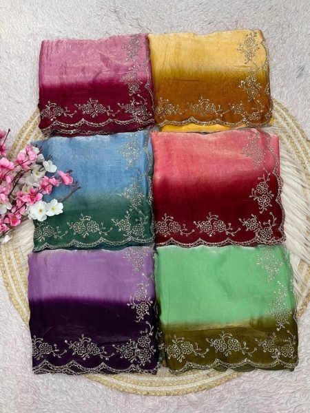 Artistic Red Heavy Jarkan Work Saree With Designer Unstitch Blouse For Party Silk Sarees Wholesale