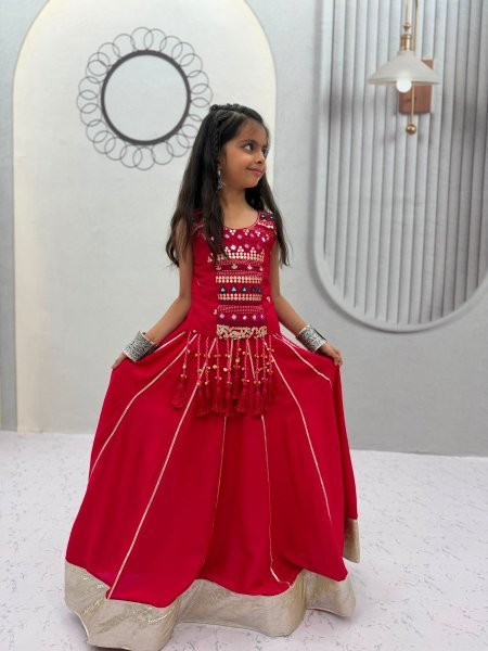 Artistic Red Kids Pure Cotton Lehenga Choli with Hand Mirror Work for Girls 