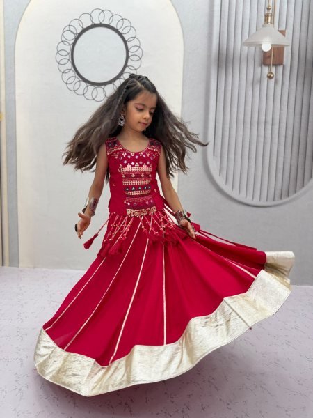 Artistic Red Kids Pure Cotton Lehenga Choli with Hand Mirror Work for Girls Girls Wear