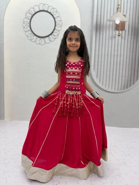 Artistic Red Kids Pure Cotton Lehenga Choli with Hand Mirror Work for Girls Girls Wear
