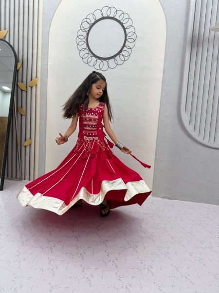 Artistic Red Kids Pure Cotton Lehenga Choli with Hand Mirror Work for Girls Girls Wear