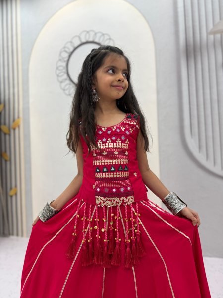 Artistic Red Kids Pure Cotton Lehenga Choli with Hand Mirror Work for Girls Girls Wear