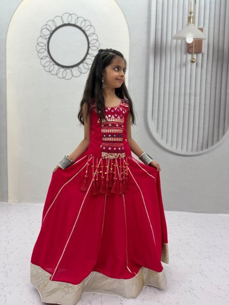 Artistic Red Kids Pure Cotton Lehenga Choli with Hand Mirror Work for Girls Girls Wear