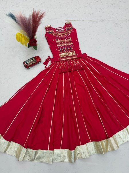 Artistic Red Kids Pure Cotton Lehenga Choli with Hand Mirror Work for Girls Girls Wear