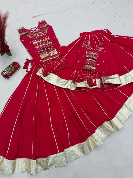 Artistic Red Kids Pure Cotton Lehenga Choli with Hand Mirror Work for Girls Girls Wear