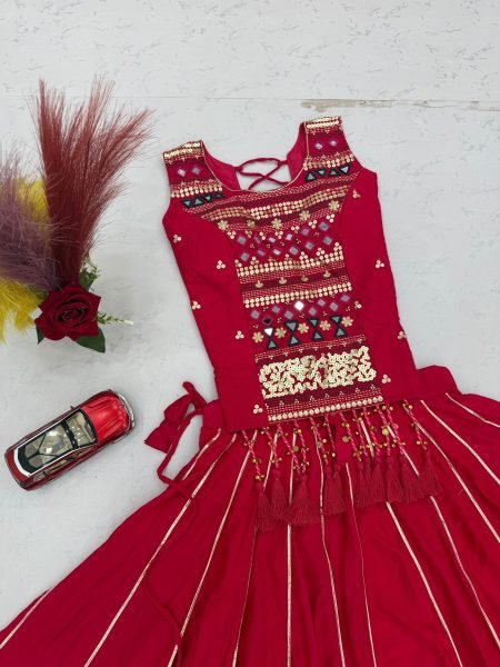 Artistic Red Kids Pure Cotton Lehenga Choli with Hand Mirror Work for Girls Girls Wear