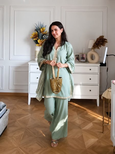Artistic Sky Blue Banana Silk Kurti with Maharaja Silky Palazzo For Party 