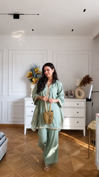 Artistic Sky Blue Banana Silk Kurti with Maharaja Silky Palazzo For Party CO ORD Sets