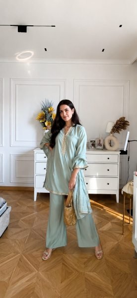 Artistic Sky Blue Banana Silk Kurti with Maharaja Silky Palazzo For Party CO ORD Sets