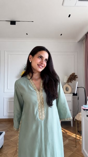 Artistic Sky Blue Banana Silk Kurti with Maharaja Silky Palazzo For Party CO ORD Sets