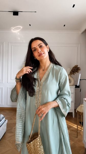 Artistic Sky Blue Banana Silk Kurti with Maharaja Silky Palazzo For Party CO ORD Sets