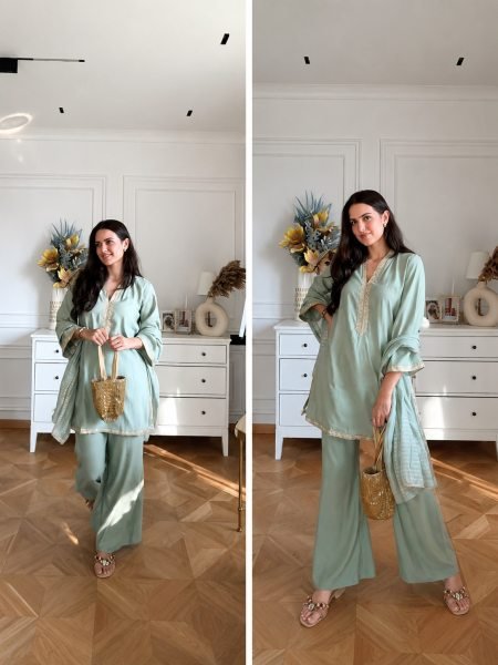 Artistic Sky Blue Banana Silk Kurti with Maharaja Silky Palazzo For Party CO ORD Sets