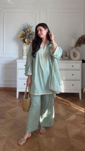 Artistic Sky Blue Banana Silk Kurti with Maharaja Silky Palazzo For Party CO ORD Sets
