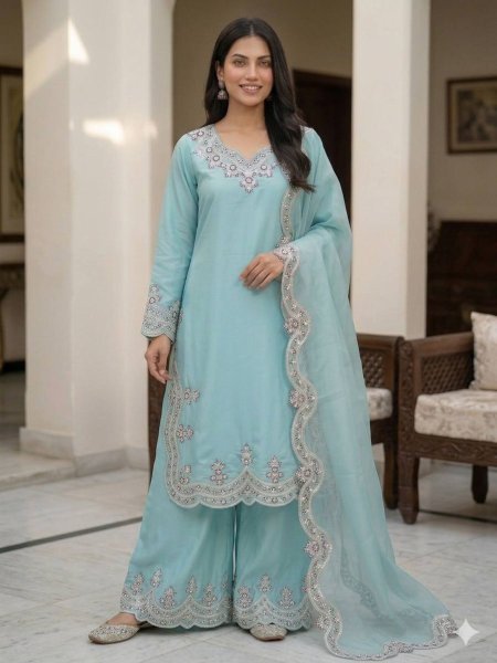 Artistic Sky Blue Chanderi Silk Pakistani Kurti Set for Festive Wea Ready To Wear Suit