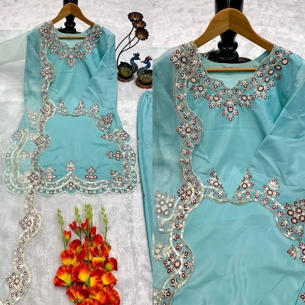 Artistic Sky Blue Chanderi Silk Pakistani Kurti Set for Festive Wea Ready To Wear Collection