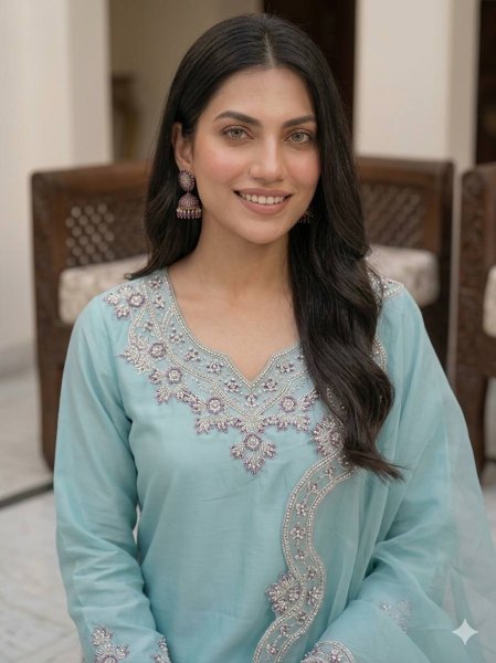 Artistic Sky Blue Chanderi Silk Pakistani Kurti Set for Festive Wea Ready To Wear Collection