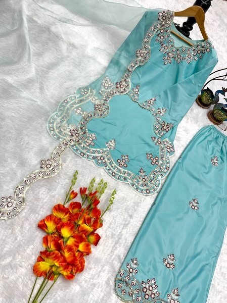 Artistic Sky Blue Chanderi Silk Pakistani Kurti Set for Festive Wea Ready To Wear Collection