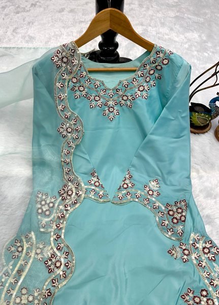 Artistic Sky Blue Chanderi Silk Pakistani Kurti Set for Festive Wea Ready To Wear Collection