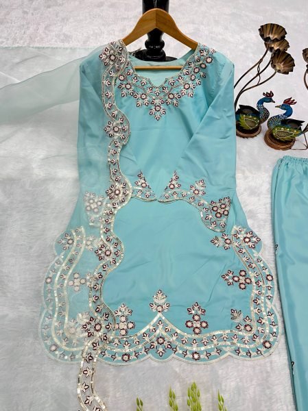 Artistic Sky Blue Chanderi Silk Pakistani Kurti Set for Festive Wea Ready To Wear Collection