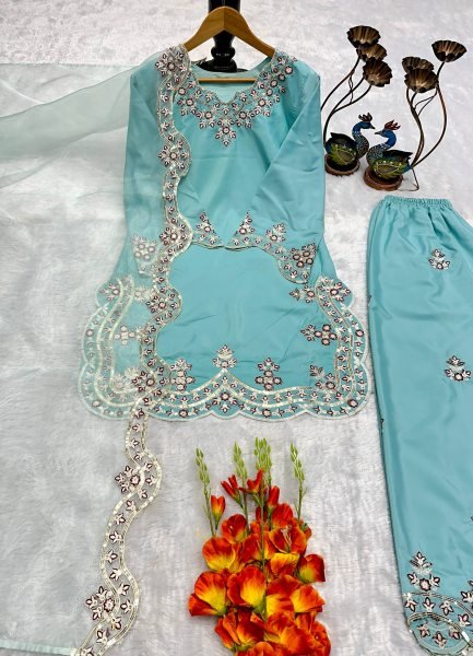 Artistic Sky Blue Chanderi Silk Pakistani Kurti Set for Festive Wea Ready To Wear Collection