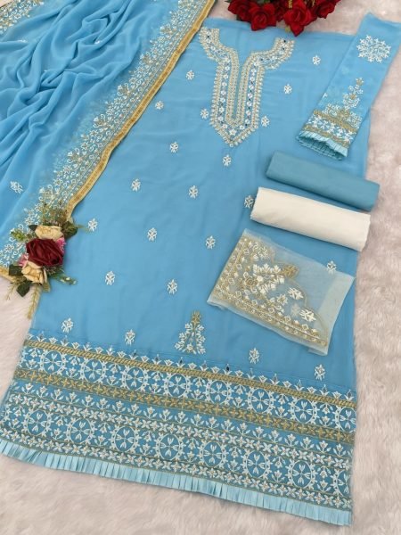 Artistic Sky Blue Designer Fox Georgette Embroidery Suit with 4-Side Fancy Lace Dupatta Pakistani Suits Wholesale