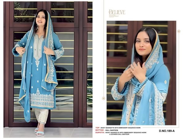Artistic Sky Blue Designer Fox Georgette Embroidery Suit with 4-Side Fancy Lace Dupatta Pakistani Suits Wholesale