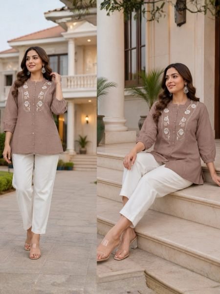 Artistic Taupe Rayon Slub Top with Embroidery and Khadi Cotton Trousers Kurtis