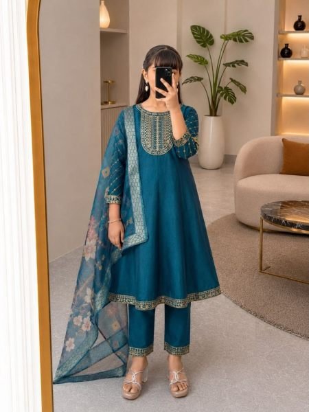 Artistic Teal Blue Girls Ethnic Wear Anarkali Kurti with Matching Trousers & Dupatta at Wholesale Rate 