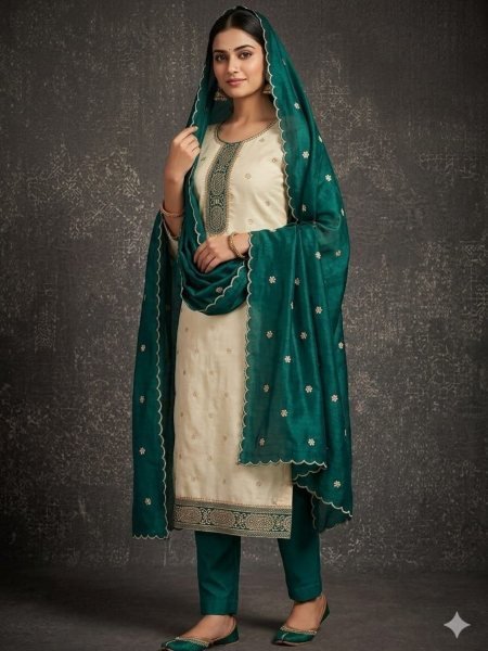 Artistic Teal Green Vichitra Silk Dress Material with Embroidered Dupatta for Weddings 