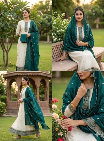 Artistic Teal Green Vichitra Silk Dress Material with Embroidered Dupatta for Weddings Color Set Matching Dress Material Wholesale