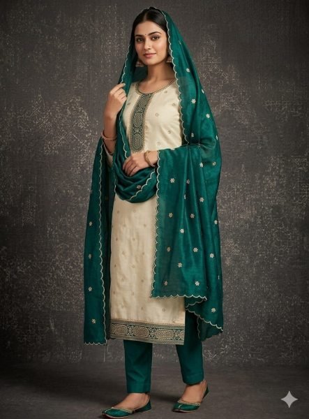 Artistic Teal Green Vichitra Silk Dress Material with Embroidered Dupatta for Weddings Color Set Matching Dress Material Wholesale