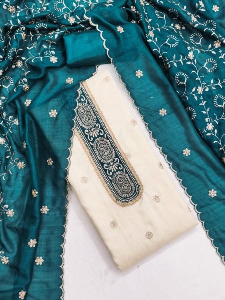 Artistic Teal Green Vichitra Silk Dress Material with Embroidered Dupatta for Weddings Color Set Matching Dress Material Wholesale