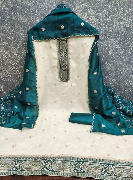 Artistic Teal Green Vichitra Silk Dress Material with Embroidered Dupatta for Weddings Color Set Matching Dress Material Wholesale