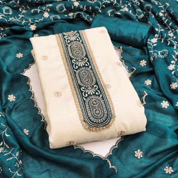 Artistic Teal Green Vichitra Silk Dress Material with Embroidered Dupatta for Weddings Color Set Matching Dress Material Wholesale