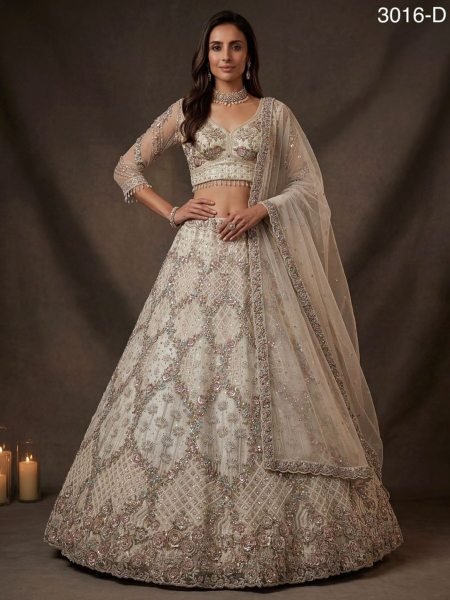 Artistic White Butterfly Net Lehenga with Mirror Work for Bridal Functions  Lehenga