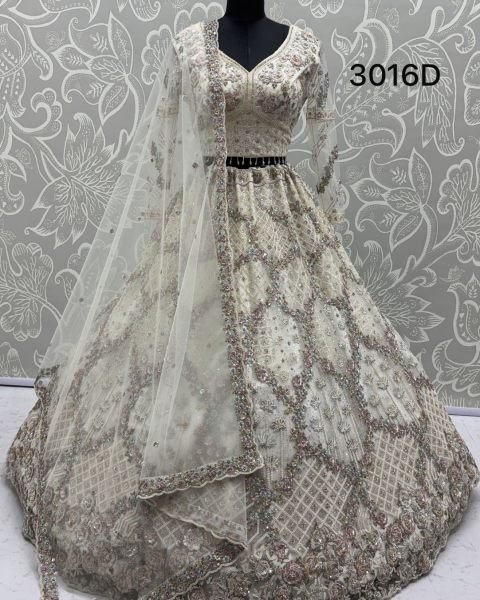 Artistic White Butterfly Net Lehenga with Mirror Work for Bridal Functions Bridal Lehenga Choli