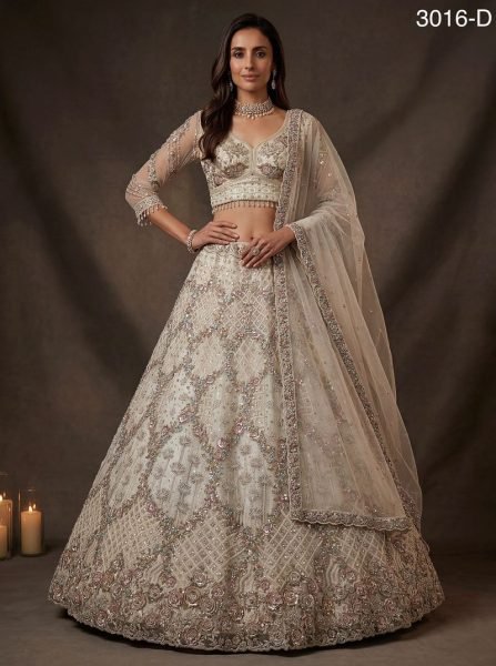 Artistic White Butterfly Net Lehenga with Mirror Work for Bridal Functions Bridal Lehenga Choli