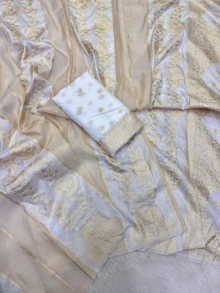 Artistic White Crepe Khadi Cotton Silk Saree with Matching Running Blouse 