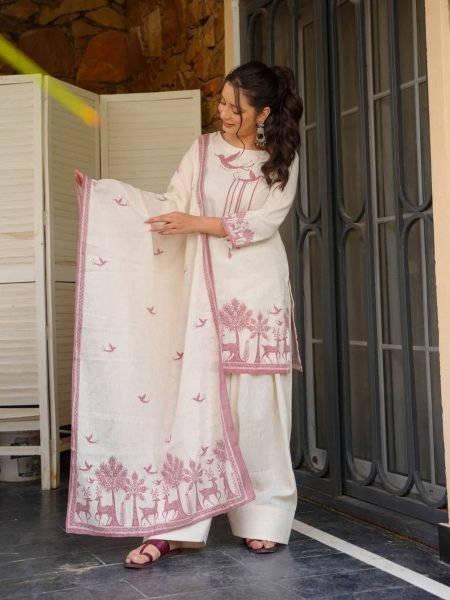 Artistic White Designer Khadi Cotton Printed Suit Set with Solid Bottom at Wholesale Rate 