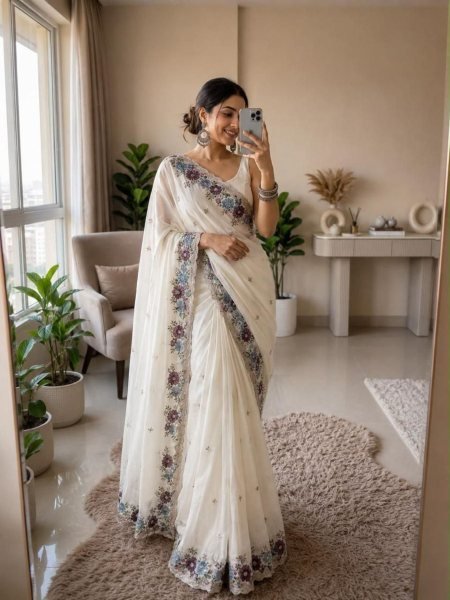 Artistic White Designer Soft Crush Silk Saree with Multicolor Embroidery Work For Wedding 