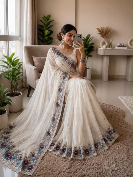 Artistic White Designer Soft Crush Silk Saree with Multicolor Embroidery Work For Wedding Silk Sarees Wholesale