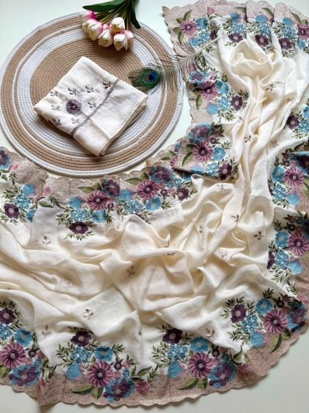 Artistic White Designer Soft Crush Silk Saree with Multicolor Embroidery Work For Wedding Silk Sarees Wholesale