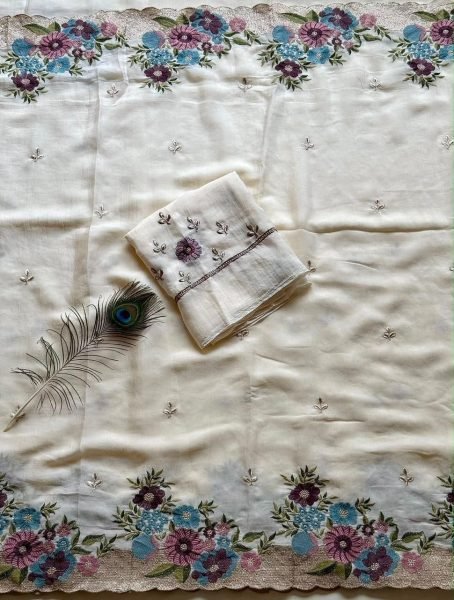 Artistic White Designer Soft Crush Silk Saree with Multicolor Embroidery Work For Wedding Silk Sarees Wholesale