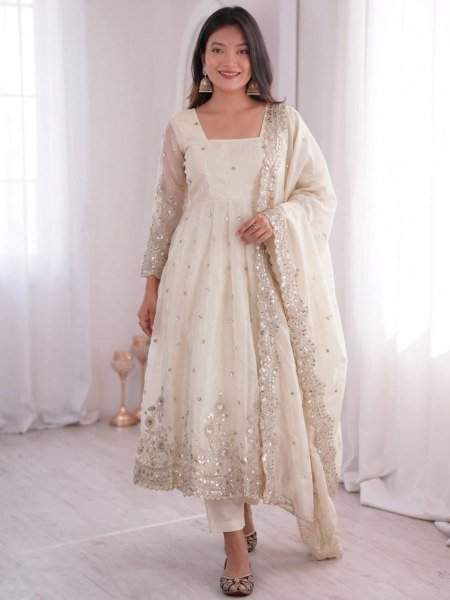 Artistic White Festive Wear Fandy Silk Gown Set with Heavy Embroidery Detailing Ready To Wear Suit