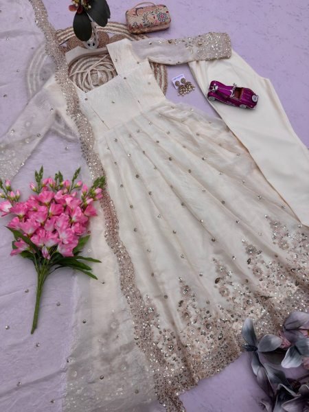 Artistic White Festive Wear Fandy Silk Gown Set with Heavy Embroidery Detailing Ready To Wear Collection