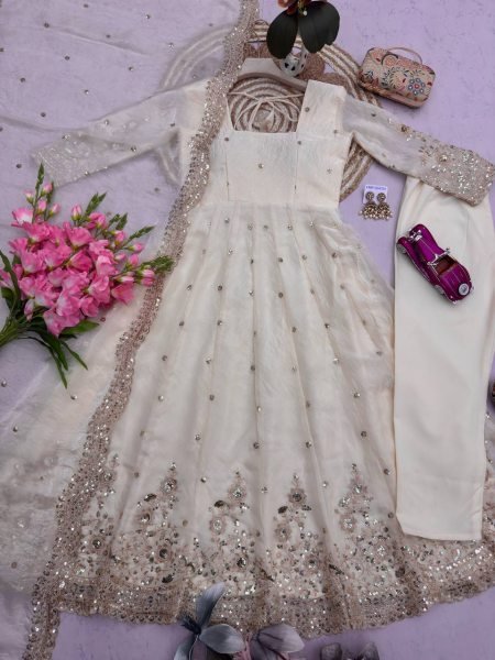 Artistic White Festive Wear Fandy Silk Gown Set with Heavy Embroidery Detailing Ready To Wear Collection