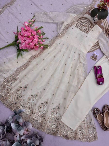 Artistic White Festive Wear Fandy Silk Gown Set with Heavy Embroidery Detailing Ready To Wear Collection