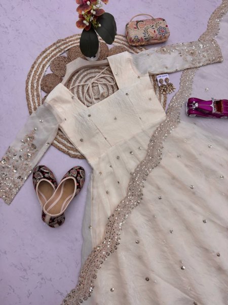 Artistic White Festive Wear Fandy Silk Gown Set with Heavy Embroidery Detailing Ready To Wear Collection