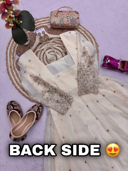 Artistic White Festive Wear Fandy Silk Gown Set with Heavy Embroidery Detailing Ready To Wear Collection