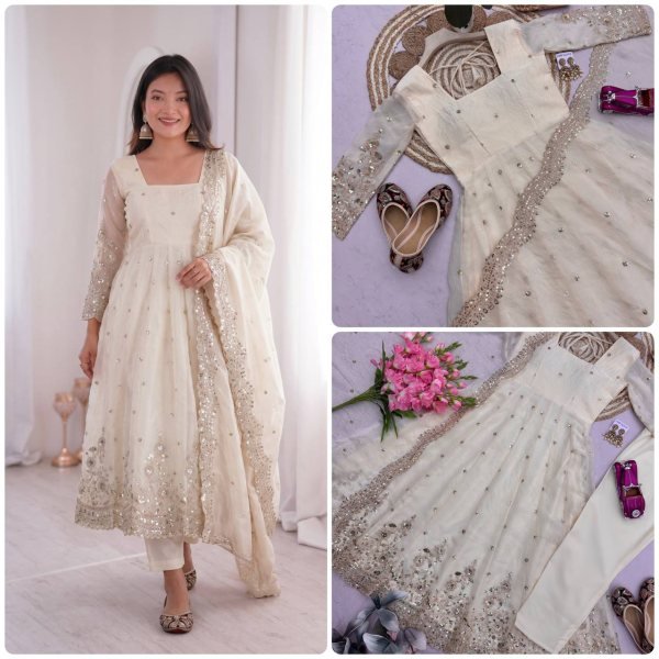 Artistic White Festive Wear Fandy Silk Gown Set with Heavy Embroidery Detailing Ready To Wear Collection